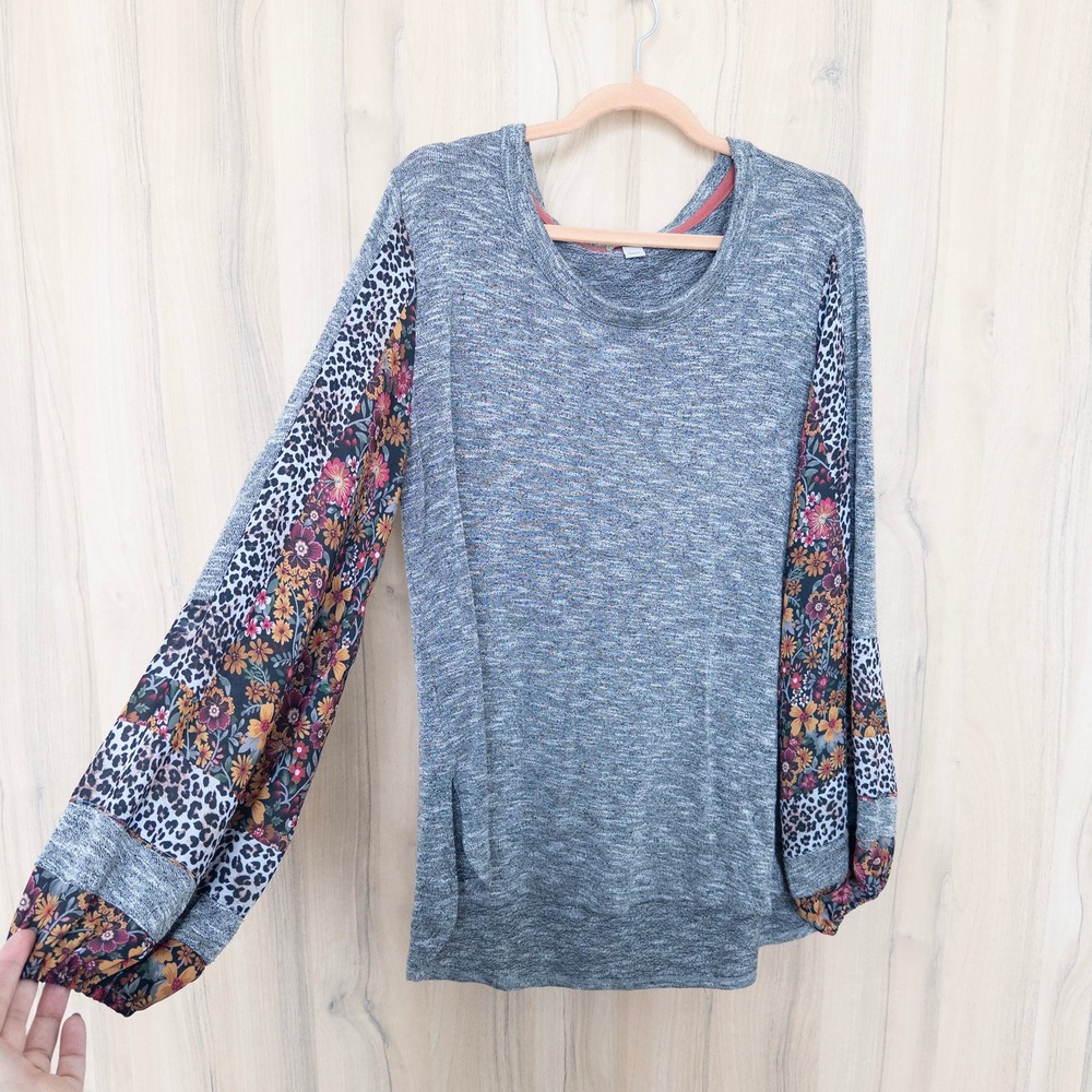 One World Womens Boho Long Sleeve Top XL Gray Mixed Print Floral Leopard Artsy